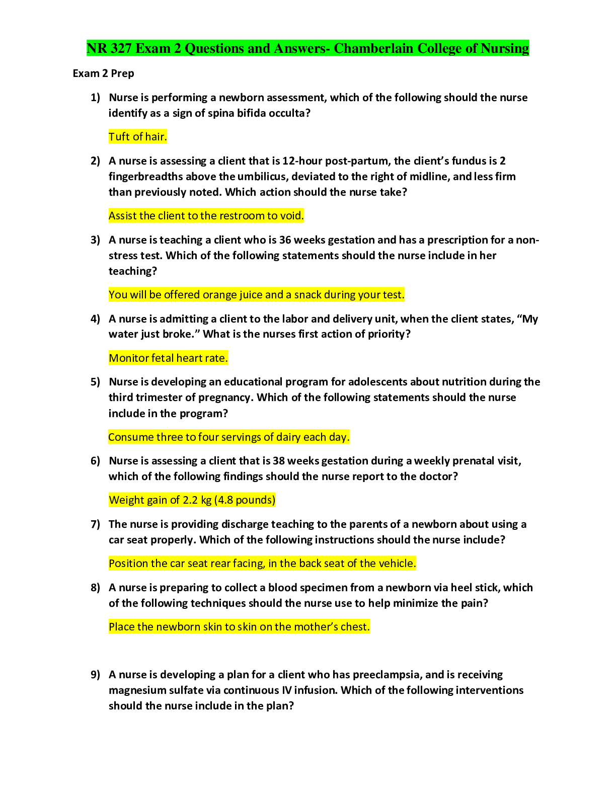 Recommended document preview for NR 327 Exam 2 Questions and Answers- Chamberlain College of Nursing
